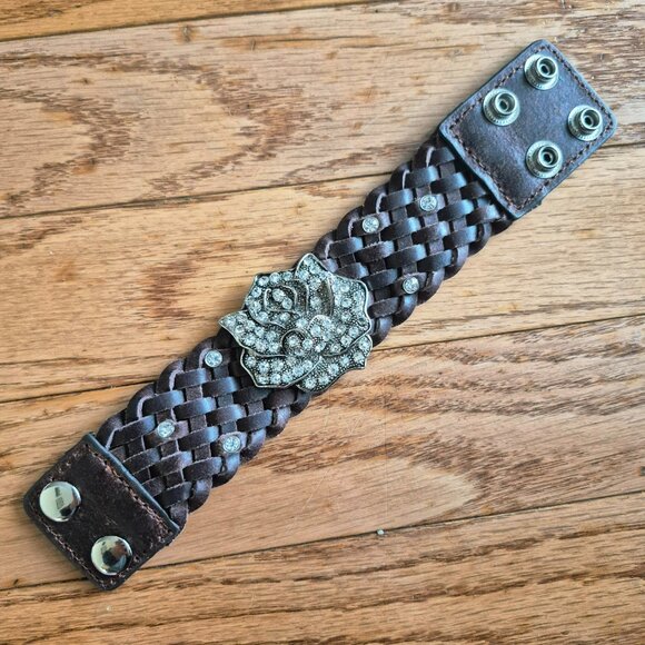 Leather Braided Cuff Bracelet w/ Rhinestone Flower - Picture 1 of 10